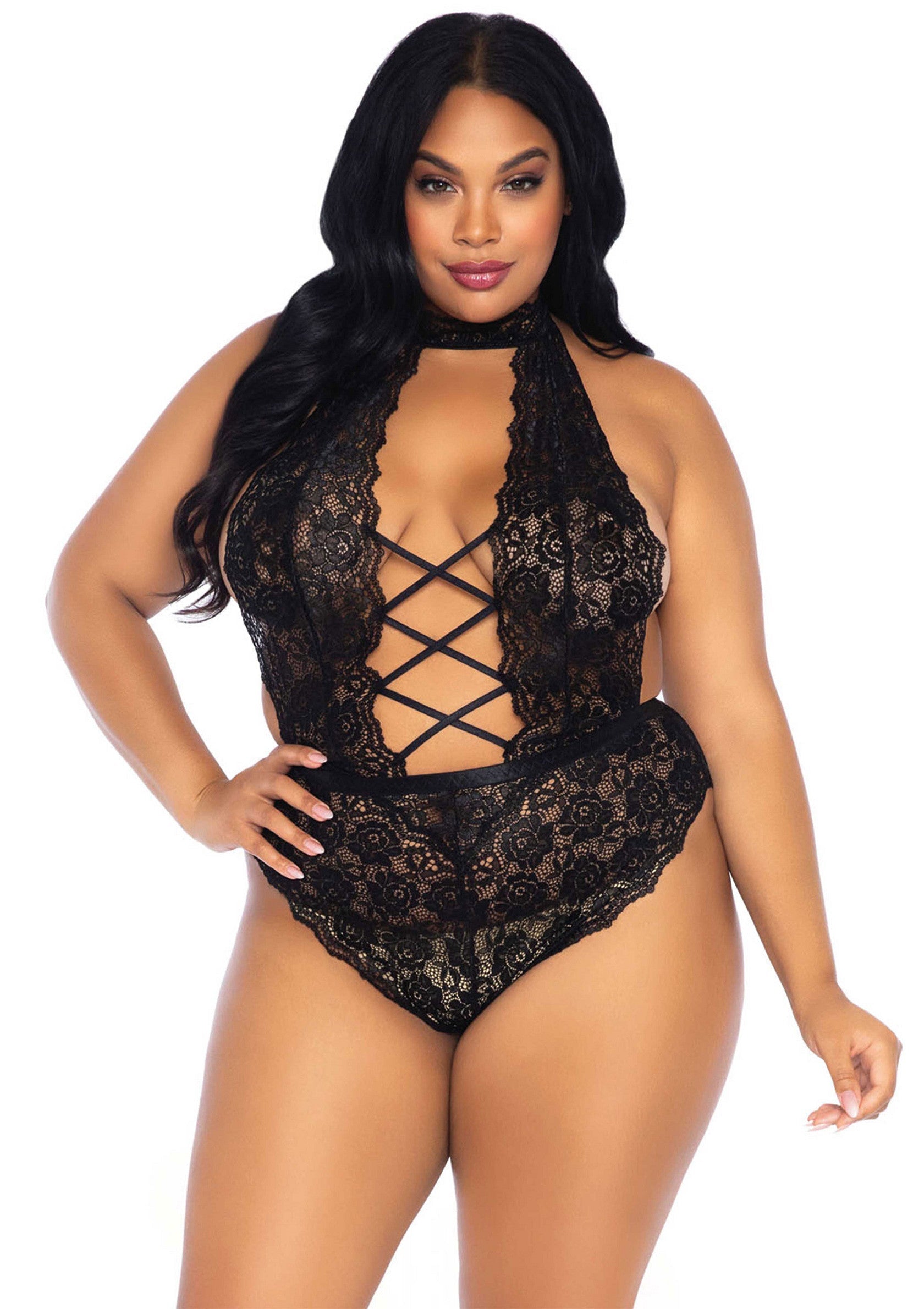 Plus High Neck Crotchless Teddy
