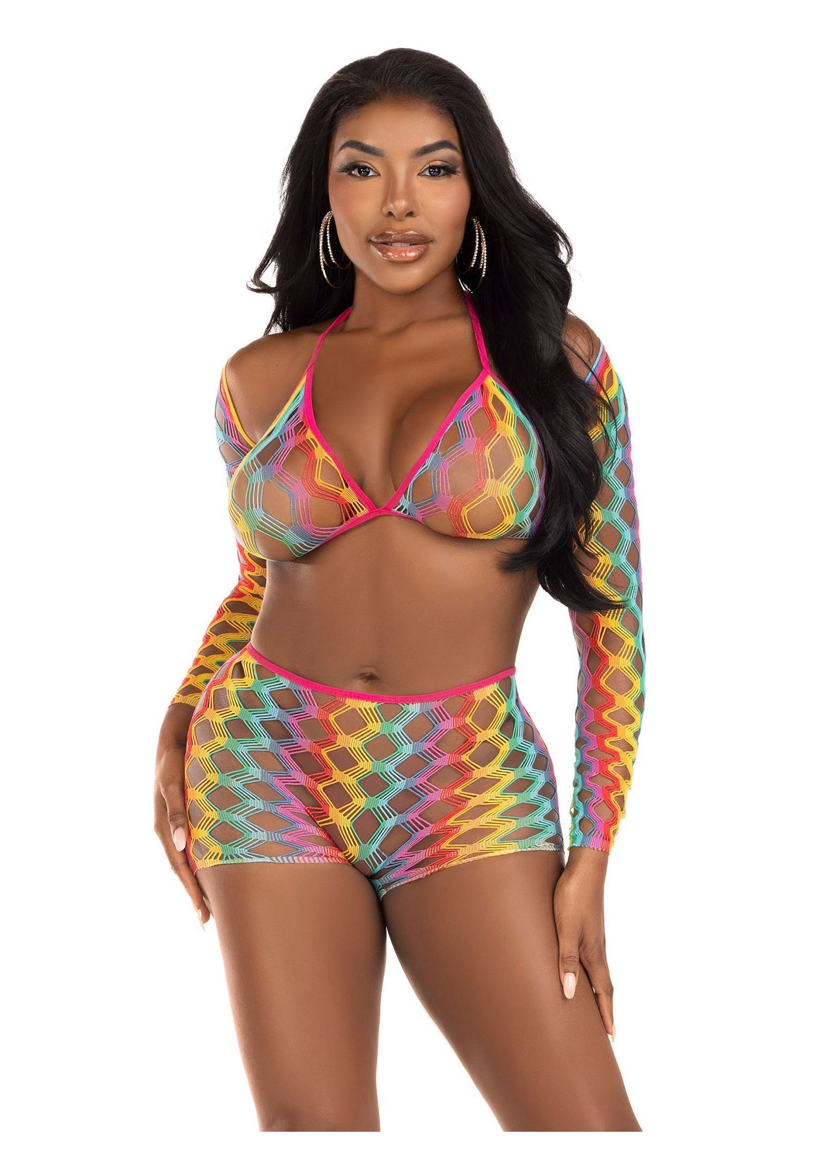 Rainbow Net Top, Boyshorts and Shrug